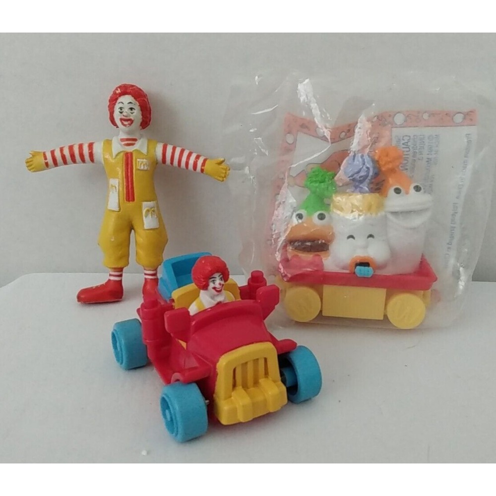 Lot of 3 McDonalds VTG Ronald McDonald toys, 1 New in pkg, 1990 Ronald in car